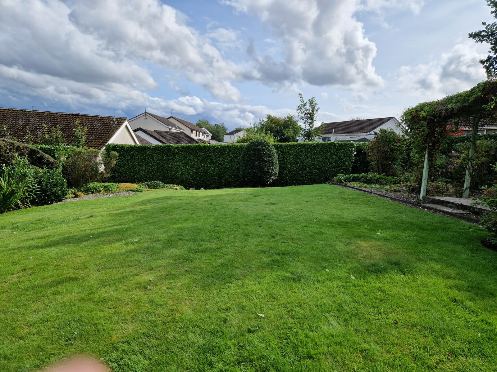 Low-maintenance garden design with tidy lawn, hedging and gravel bed in Perthshire