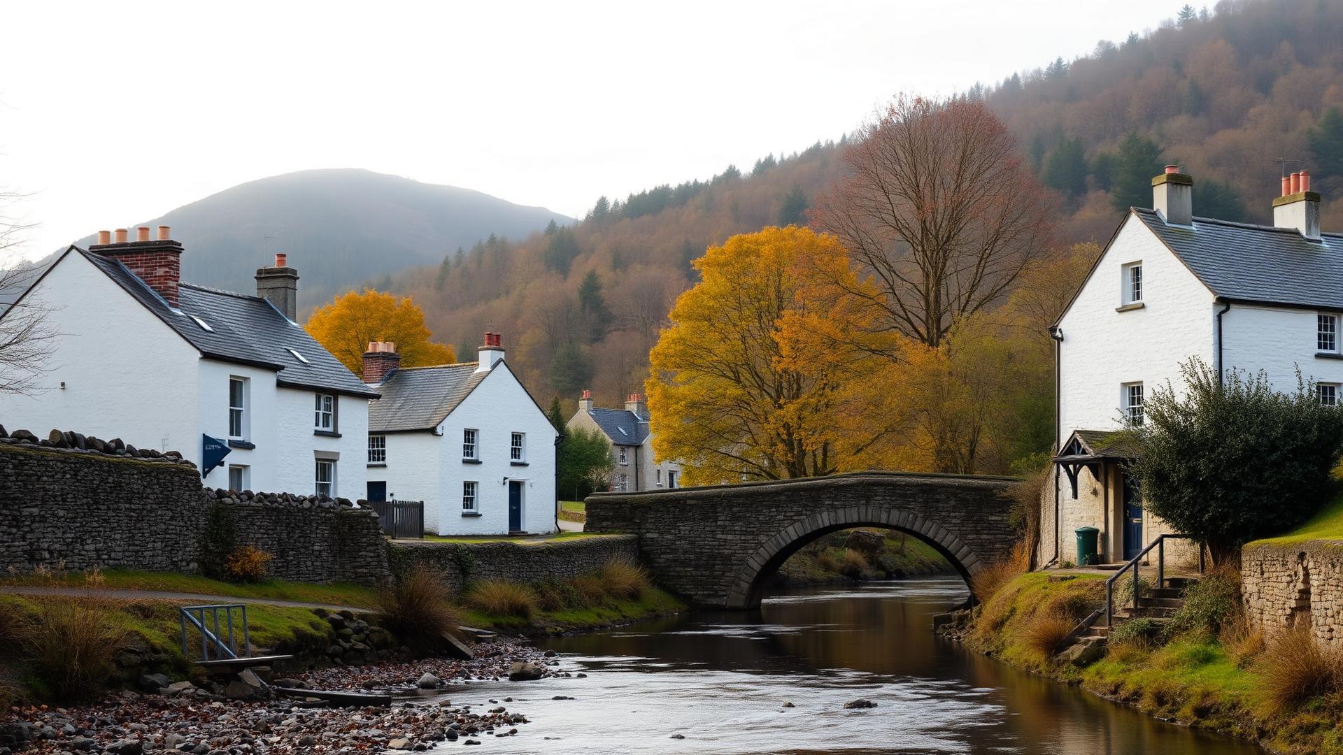 Comrie village whitewashed cottages beside the River Earn with Highland hills behind